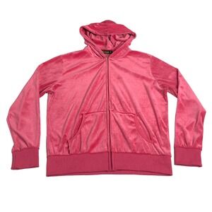 Y2K Tracksuit Velour Track Jacket Hoodie‎ Womens L Pink Hooded Full Zip Preppy